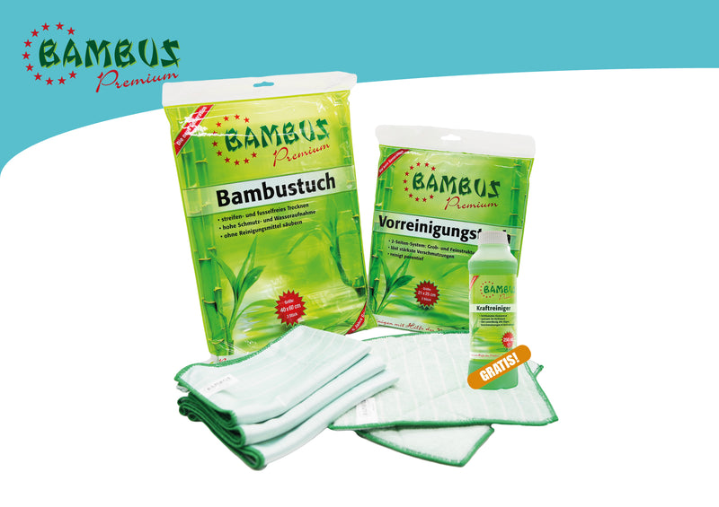 Bambus Komplett - Set (5-teilig) 3x Reinigungstuch + 2x Vorreinigungstuch + 1 Kraftreiniger 250 ml GRATIS